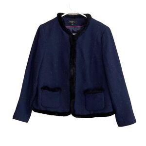 Talbots Petite Blazer Womens 16P Blue Wool Blend Speckled Fur Trim Jacket